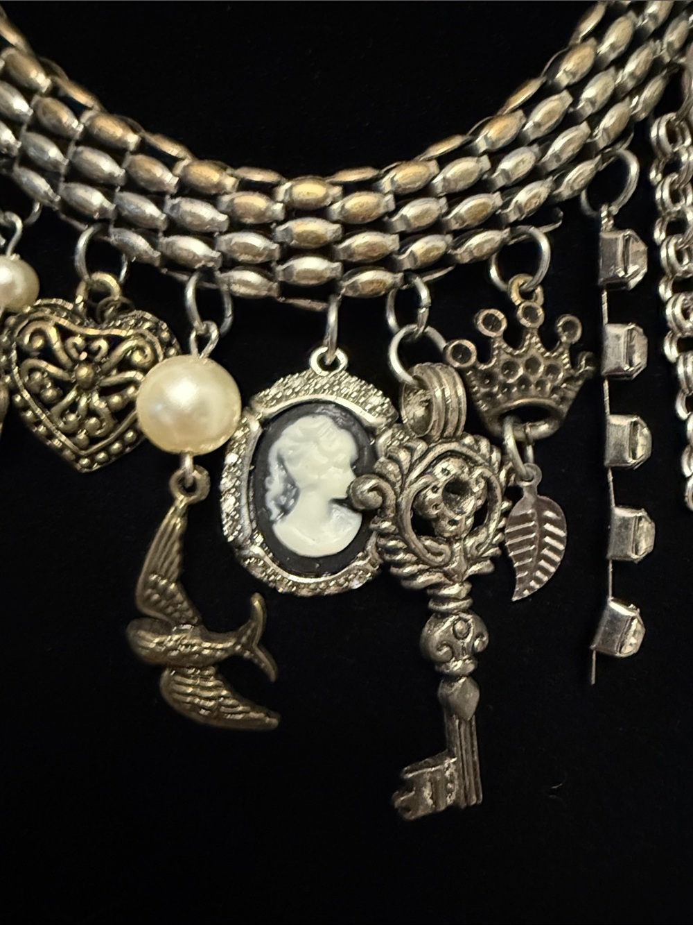 VTG Silver Tone Charm Necklace | Layered Chain Cameo Crown Butterfly Necklace - Picture 4 of 8